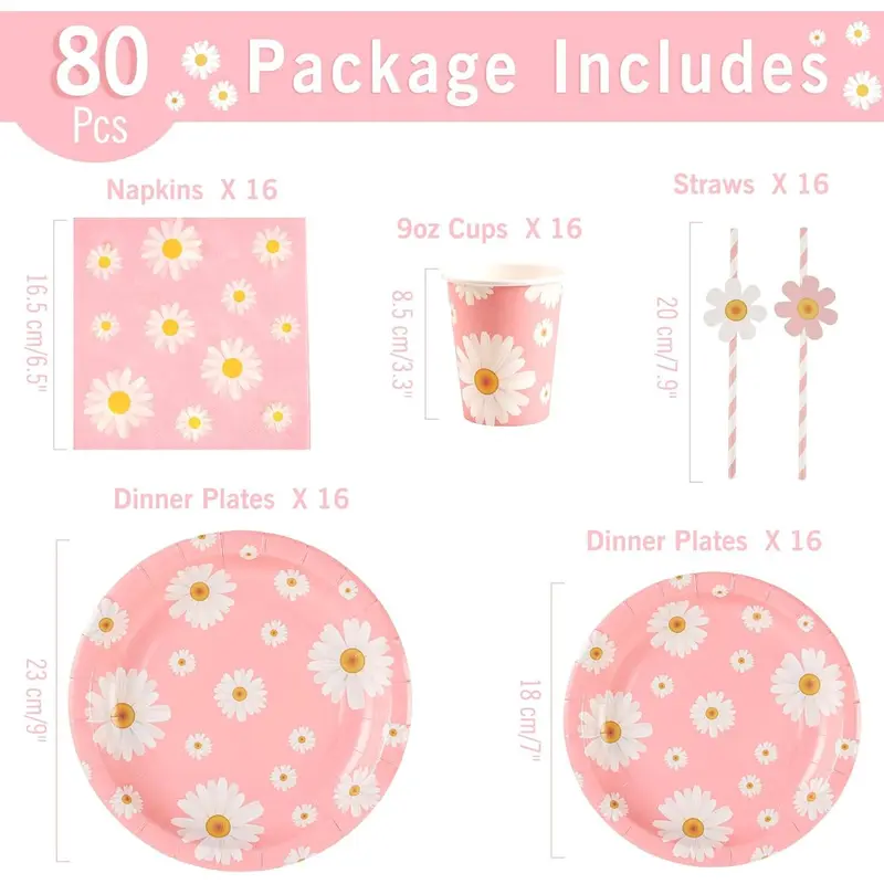 SUNBEAUTY Little Daisy Party Tableware Set, Pastel Decorations for Baby Showers and Birthdays 2