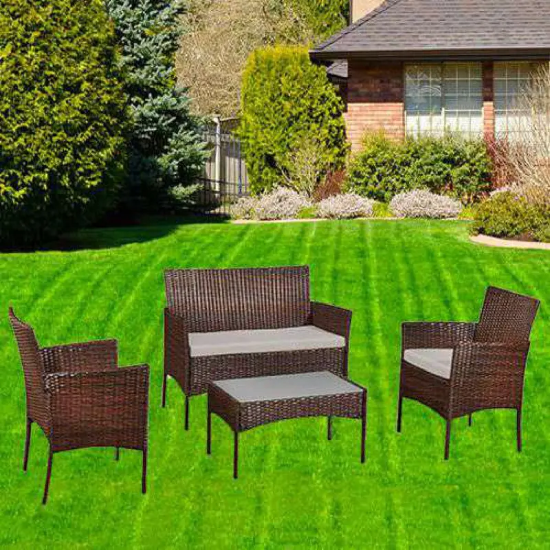 Stylish 4PC Rattan Garden Furniture Set – Includes Table, Sofa & 2 Chairs Perfect for Indoor/Outdoor Use: Patio, Balcony, Backyard, Poolside & Conservatory ️ Durable, Comfortable & Easy to Set Up – Great for Any Space! (Brown) 4