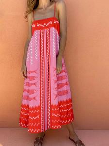 Women's Colorblock Fish & Floral Print Cami Dress, Casual Boho Style Sleeveless Adjustable Spaghetti Strap Long Dress for Beach Holiday Vacation, Ladies Summer Clothes, Dresses for Summer, Womenswear, Bohemian Sun Dress