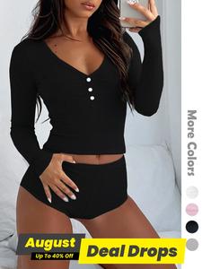 Women's Button Detail V Neck Longsleeves Top & Ribbed Shorts Pj Set, Casual Fit Solid Long Sleeve Top & Shorts Pajama Set, Pajama Sets Women, Women's Sleepwear for Spring & Fall, Loungewear, Womenswear, Feminine Pajamas Set