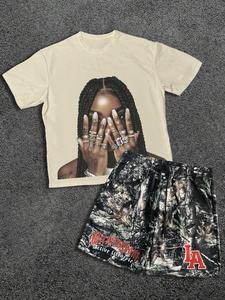 Two-piece Set Men's Letter Print Short Sleeve Tee & Camo Print Shorts, Loose Crew Neck T-shirt & Track Shorts, Casual Summer Clothes Set for Outdoor, Menswear