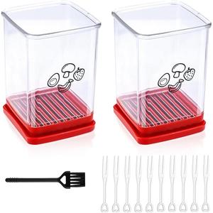 2pcs Cup Slicer, Fruit Slicer Cup Egg Slicer Fruit and Vegetable Fast Slicer Stainless Steel Strawberry Cutter with Brush & Forks Handheld Slicing Tool for Egg Banana Salad Kitchen Gadget Plastic Utensils Lightweight Shaped Sturdy Cover