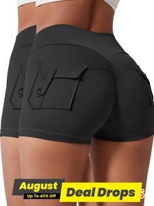 Women's Solid Button Pocket Sports Soft Stretch Shorts, High Waist Comfy Breathable Ruched Skinny Shorts for Yoga Gym Workout Running, Ladies Sportswear for Fall & Winter, Yoga Activewear, Yoga Biker Athletic Athleisure Shorts