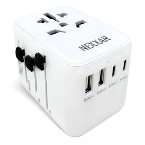 NEXXAR Universal Travel Adapter with 2 USB-C & 2 USB-A Ports Dual Safety Fuses Worldwide Compatibility for Traveling with Electronics 12 Months Warranty