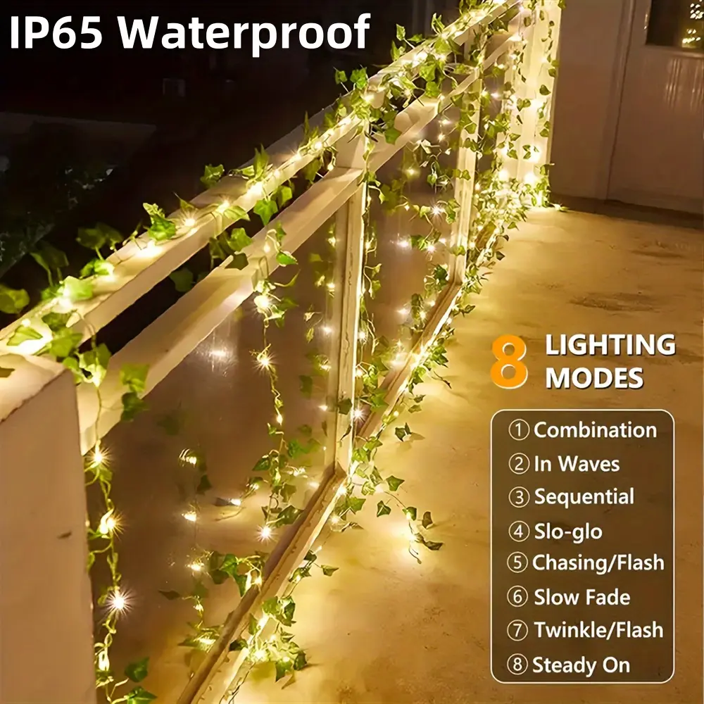 1pc Solar Powered Artificial Ivy Leaf Vine String Lights, 50/100 LED Solar Copper Wire Fairy Lights With 8 Modes For Outdoor Garden, Wall, Balcony, Fence, Tree, Wedding, Party, Restaurant Ambiance Enhancement, Christmas Decoration
