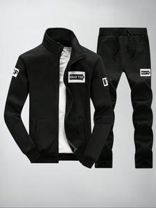 Men's Letter Print Zip Up Sweatshirt & Drawstring Waist Sweatpants Set, Casual Funnel Neck Long Sleeve Outerwear & Pocket Jogger Pants for Spring & Fall