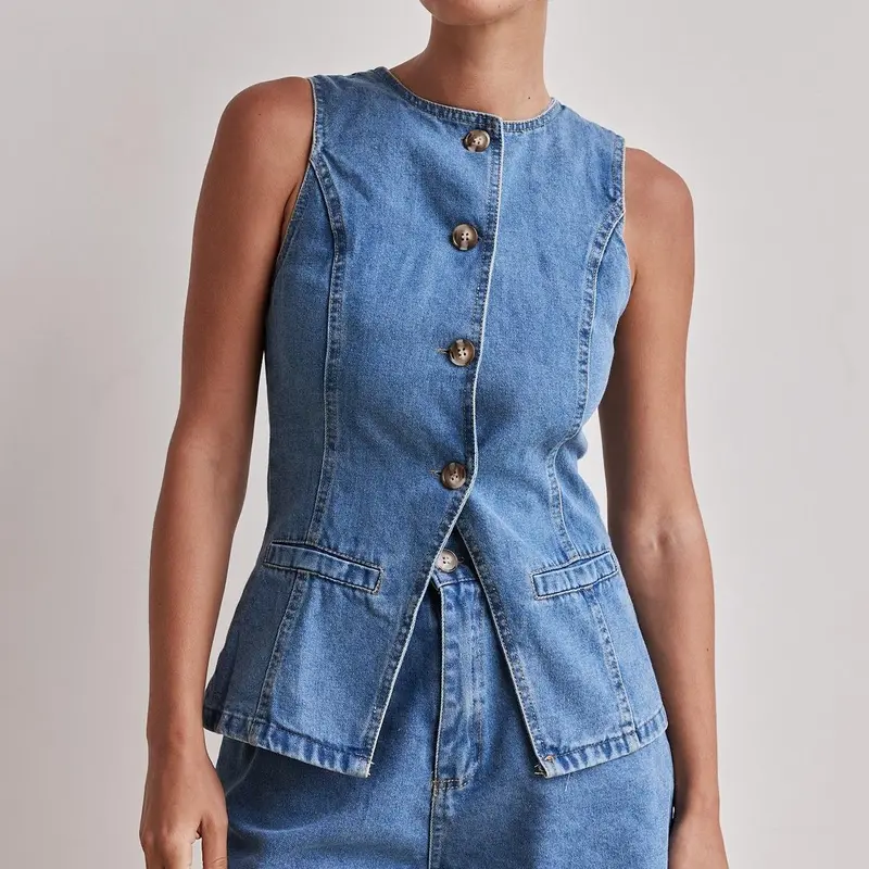 2025 spring and summer new fashion sleeveless waist high waist loose denim shorts and vest set 6