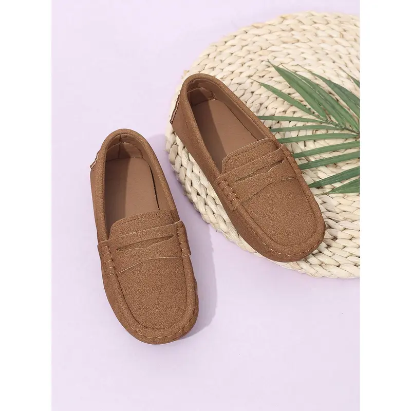 1 Pair Children's Round Toe Slip-On Loafers, Casual British Style Flat Boat Shoes, Suitable For Spring And Autumn 1