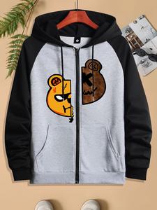 Unisex Men's Cartoon Bear Print Raglan Sleeve Hoodie, Fashion Casual Drawstring Pocket Sweatshirt for Daily Holiday Outdoor Wear, Men Clothes for Spring Fall