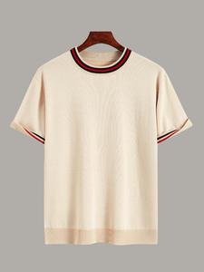 Men's Regular Fit Plain Contrast Trim Ribbed Tee, Casual Comfy Short Sleeve Round Neck T-shirt for Summer, Fashion Men's Top for Daily Wear, Tropical