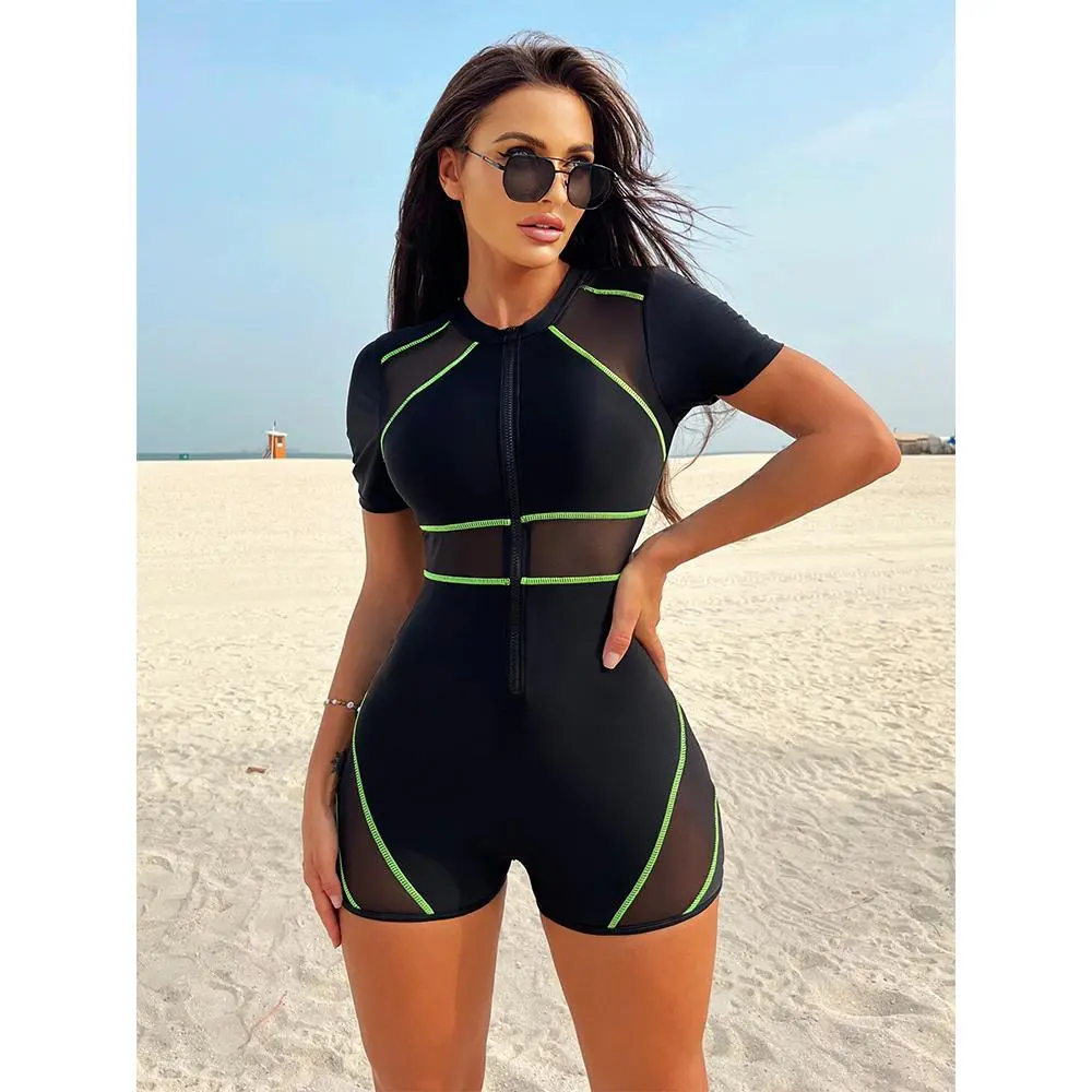Short Sleeve Surfing Suit Black One Piece Swimsuit Women 2025 New Patchwork Swimwear Sporty Swimwear Zippy Bathing Suit