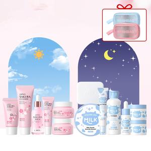Sakura & Milk Skincare Set, 1 Set Day & Night Skincare Kit, Including Facial Cleanser, Eye Cream, Serum, Moisturizer, Sun Care Cream, Scrub, Makeup Bag, Skincare, Rejuvenating Sets Toiletries Kit Cosmetic, Skincare