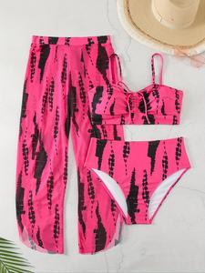 Plus Size All Over Print Bikini Set, Adjustable Strap Ruched Swim Top & Swim Panty & Cover Up Pants Set, Women's Swimwear for Beach Holiday Vacation, Tankini Bathing Suits