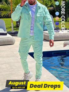 Men's Solid Button Pocket Lapel Neck Long Sleeve Jacket & Drawstring Waist Cargo Pant Set, Regular Fit Casual Fashion Cozy Breathable Outfits for Daily Outdoor Wear, Menswear for All Seasons, Going Out Outfits, Formal Wear