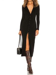 Women's Plain Button Front V Neck Bodycon Dress, Casual Long Sleeve Midi Dress for Fall & Winter, Women's Clothing for Daily Wear