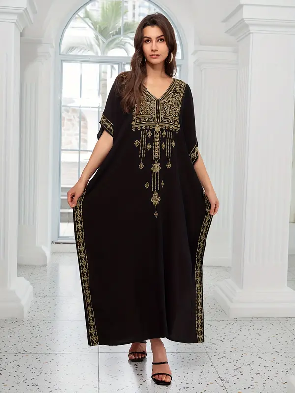 EDOLYNSA Plus Size Women's Middle Eastern-Inspired Casual Short Sleeve Batwing Sleeve V-Neck Split Hem Maxi Kaftan Dress - Lightweight Beach Dress for Spring Summer Fall, Hand Wash Only, Vacation Outfit, Loose Fit, Flowy Material, Vacation Wardrobe 1