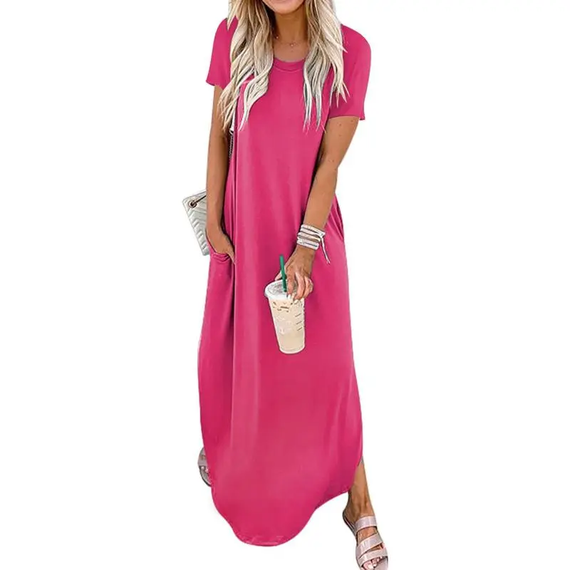 Women's Plain Pocket Round Neck Curved Hem Tee Dress, Ladies Frenchy Style Dresses, Maxi Dress for Women, Casual Short Sleeve Long Dress for Summer, Ladies Clothes for Daily Wear, Summer Dresses 2025 1