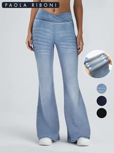 Women's Plain Overlap Waist Flare Leg Jeans, Casual Pocket High Waist Bell Bottom Denim Trousers for Summer, Fashion Women's Bottoms for Daily Wear