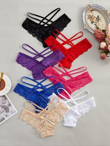 Women's Floral Lace Criss Cross Bow Decor Sheer Thong Set, Basic Naughty Lingerie, Lady Breathable Comfortable Scallop Trim Sexy Knicker, Soft Lingerie Set for All Seasons, Womenswear, Lace Underwear