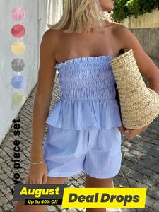 Two-piece Set Women's Striped Print Tube Top & Shorts Set, Casual Strapless Top & Shorts for Daily Wear, Ladies Clothes for Summer