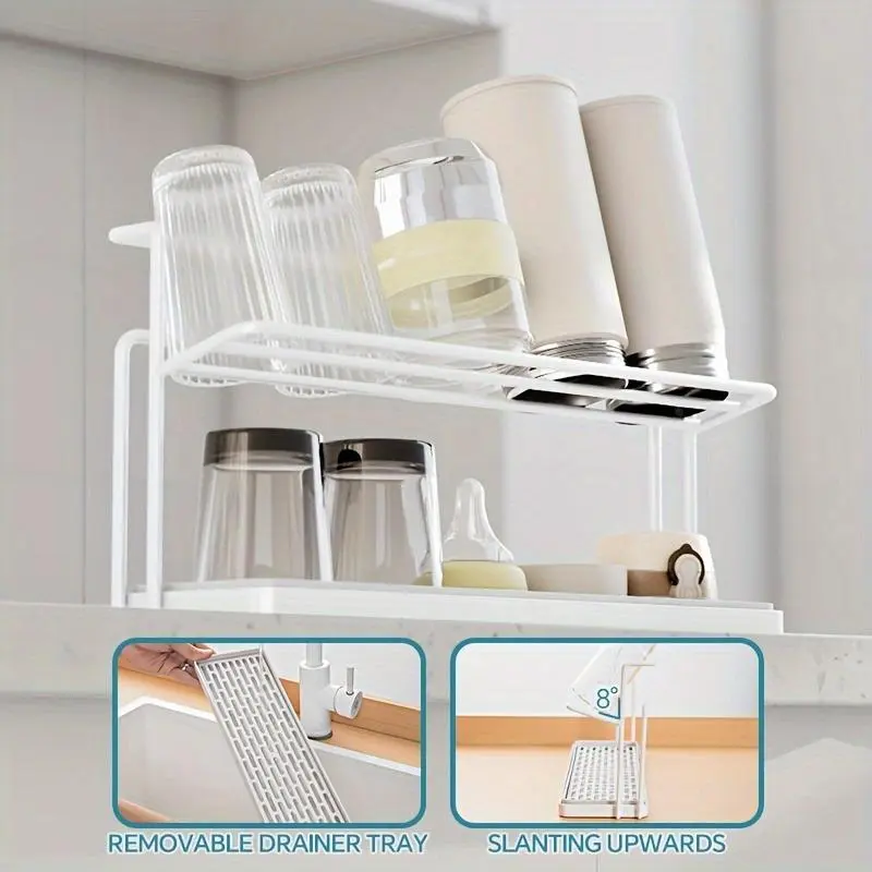 1pc Two-Tier Bottle Drying Rack with Drainage Tray - Durable Carbon Steel, Freestanding Kitchen Counter Organizer for Glass, Metal, and Plastic Bottles - Space-Saving Design, No Assembly Required, Standing Shelf 7