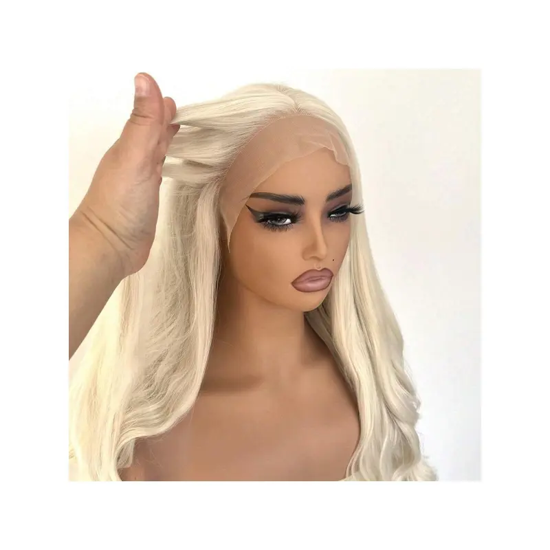 Natural Hairline Women Party Daily Wear Long Wavy Bleach Blonde Soft Glue Less Wig Synthetic Hair Layered Pre Plucked 13X4 Inch Large Area Lace Frontal Wigs 8