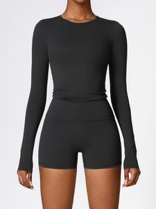 Women's Solid Long Sleeve Tee & High Waist Shorts Two-piece Set, Casual Round Neck Top & Skinny Shorts for Spring, Ladies Clothes for Daily Wear, Fall outfit