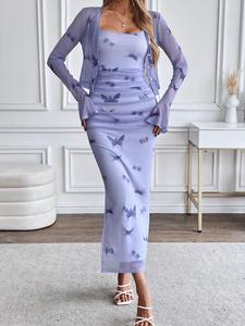 Women's Butterfly Print Flare Sleeve Outerwear & Cami Dress Two-piece Set, Lady Elegant Fashion Casual Two Piece Outfits for Daily Outdoor Wear, Women Clothes for Spring & Fall, Spring 2025 Outfits