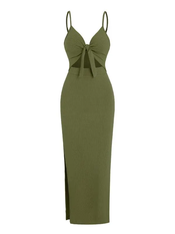 Women's Plain/denim-effect Print Cut Out Knot Front Cami Dress, Sexy Printed Backless Split Ribbed Bodycon Long Dress, Ladies Summer Clothes for Party Club Dating Wear Valentine's Day, Gift,  Red Dress 3