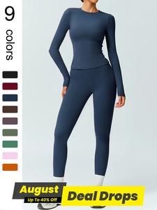 Women's Solid Color Long Sleeve Tee & High Waist Leggings Tracksuits Set, Tight Fit Sporty Comfy Breathable Outfits for Gym Workout Running, Ladies Fall & Winter Sportswear, Solid Tracksuits Set, Workout Gym Clothing