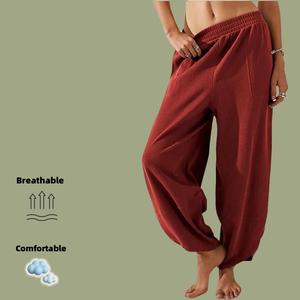 Women's Flowy Wide Leg Pants - Elastic Waist Palazzo for Pear Shape Baggy Sweatpants with Pockets Loose Teacher Outfits & Boho Trousers for Confident Walk All Seasons Cotton Material Comfortable Fit Breathable Material