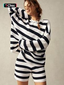 Women's Striped Print Sweater & Shorts Two-Piece Set, Chic Casual Long Sleeve Round Neck Top & Shorts, Women's Spring & Fall