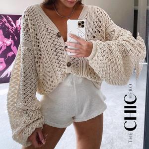 ChicHero Luxe Cream Belle Crochet Balloon Sleeve Oversized Cardigan