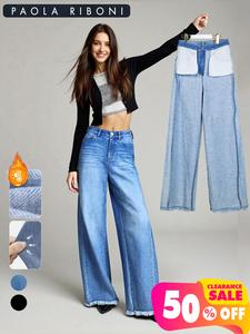 Women's High Stretch Fleece-Lined Wide Leg Jeans Pants, Casual Loose Fit Raw Hem Design, Fall & Winter Fashion