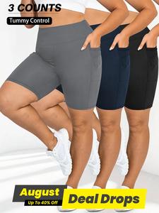 【Plus Size】 Solid Pocket High Waist Short Leggings, Casual Comfy Breathable Skinny Stretch Shorts for Daily Exercise Wear, Women's Bottoms for Summer, Athletic Shorts, Gym Exercise Activewear, Running Shorts, Workout Impact Shorts