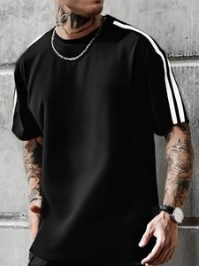 Men's Solid Color Striped Trim Short Sleeve Tee, Loose Casual Fashion Round Neck T-shirt for Summer, Men's Top for Daily Wear, Tropical