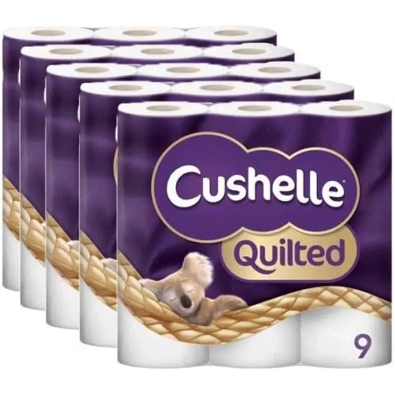 Cushelle Quilted 9 Roll Toilet Roll Tissue Paper 45 Rolls, Pack of 5 - Wipes