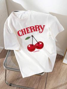 Women's Cherry & Letter Graphic Round Neck Tee, Fashion Casual Crew Neck T-shirt for Daily Outdoor Wear, Ladies Clothes for All Seasons