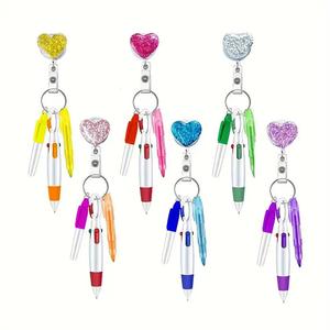 Heart Shaped Badge Pen, 1 Count Retractable Keychain Design Badge Holder with Mini Highlighter, Permanent Marker & Ballpoint Pen, Office Stationery & Supplies