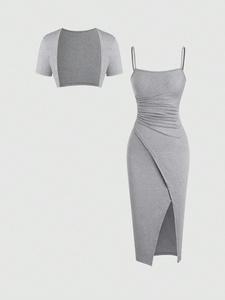 Women's Solid Color Crop Jacket & Bodycon Dress Set, Casual Fashion Cozy Two-piece Outfits for Daily Outdoor Wear, Ladies Clothes for Summer, Womenswear