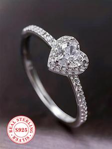 S925 Sterling Silver Heart Shaped Artificial Zircon Decorated Ring, Luxury Engagement Ring for Women, Trendy All-match & Exquisite Jewelry for Birthday Gift