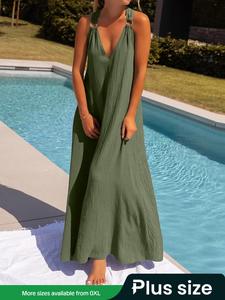 【Plus Size】 Solid Color V Neck Dress, Elegant Casual Sleeveless Long Dress for Party Holiday Wedding, Women's Plus Size Clothing for Summer
