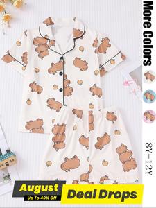 Girl's Cartoon Print Lapel Neck Shirt & Shorts Pyjama Two-Piece Set, Cute Comfy Short Sleeve Top & Shorts PJ Set, Kids Sleepwear for All Seasons