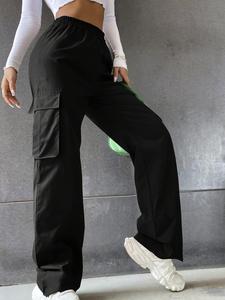 Women's Solid Elastic Waist Cargo Pants, Casual Pocket Design Trousers For Daily Wear, Women's Bottoms For Summer Spring Fall