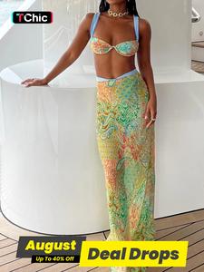 Lady Summer Seaside Vacation Dunhuang Style Print Classical Sexy Hot Cool Women's Skirt Three-piece Set, Womenswear, Sleeveless Matching Sets, Clothes