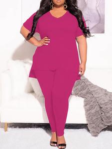 【Plus Size】 Solid Color Tee & Pants Set, Casual Short Sleeve T-shirt & Trousers, Women's Two-piece Outfits for Daily Wear
