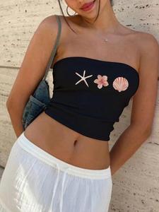 Women's Shell & Starfish Print Tube Top, Casual Strapless Crop Top for Summer, Fashion Women's Top for Beach Holiday Vacation, Womenswear