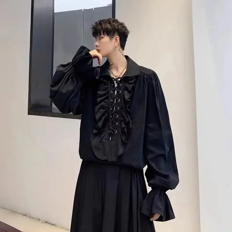 Victorian Style Women's Gothic Blouse Vintage Renaissance Pirate Prince Poet Shirt with Frills Lace-Up Medieval Buccaneer Top 3