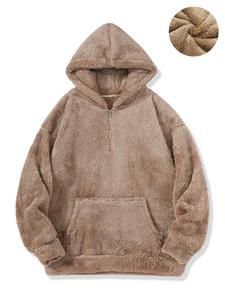 Men's Solid Half Zip Plush Hoodie, Casual Long Sleeve Pocket Hooded Sweatshirt for Fall & Winter, Men's Clothes for Daily Wear