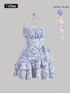 Women's Ditsy Floral Print Ruffle Trim Tie Front Tie Back Cami Dress, Boho Style Backless Tiered Layer Halter Neck Short Dress for Beach Holiday Vacation, Ladies Summer Clothes